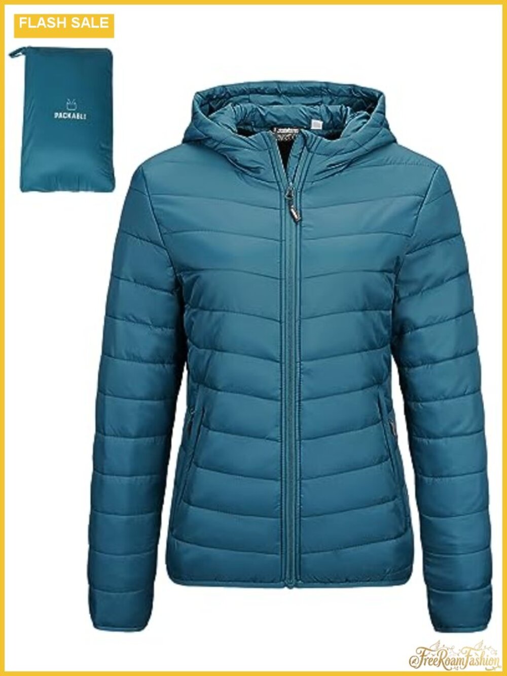Packable Lightweight Puffer Jacket with Hood Quilted Zip Pockets